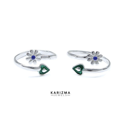 925 Real Sterling Silver women Enamel Heart Floral style Excellent Toe Ring - Pair