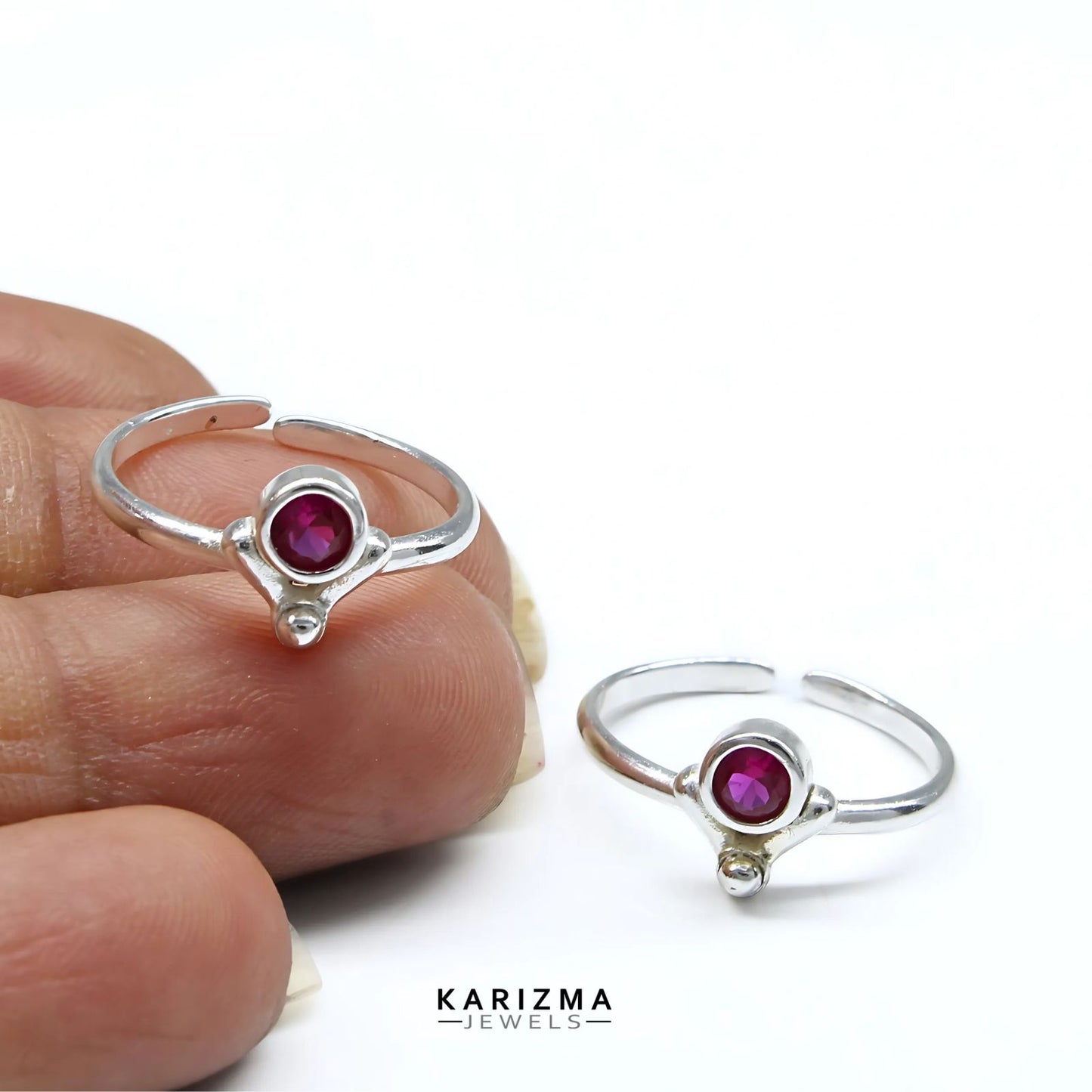 Traditional 925 Real Sterling Silver Indian women Pink CZ Toe Ring - Pair