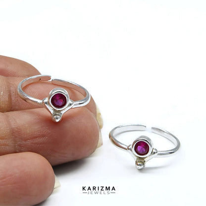 Traditional 925 Real Sterling Silver Indian women Pink CZ Toe Ring - Pair