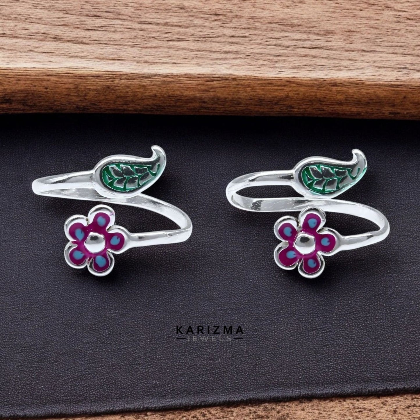 925 Real Sterling Silver women Adjustable Enamel Toe Ring - Pair