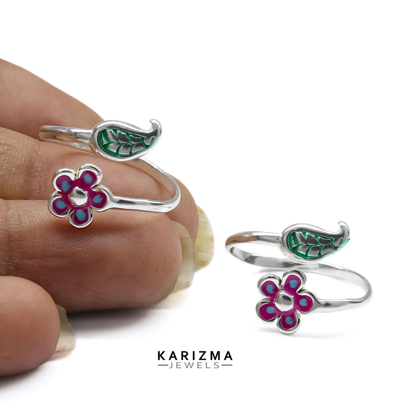 925 Real Sterling Silver women Adjustable Enamel Toe Ring - Pair