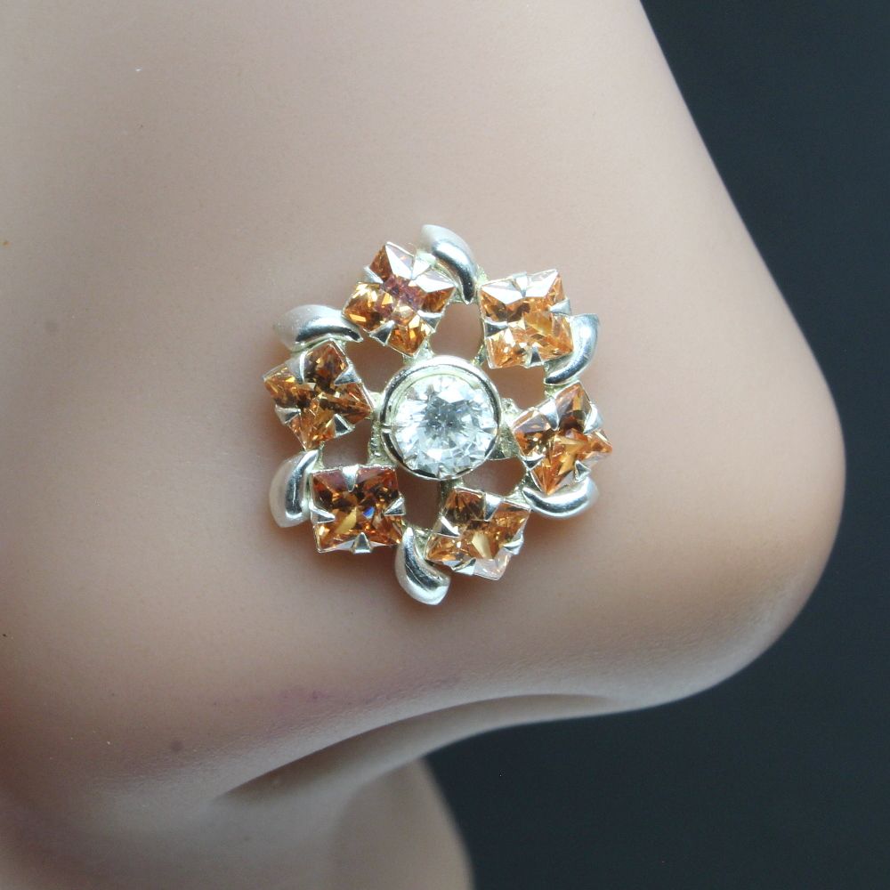 925 Sterling Silver Floral Nath with orange stones 