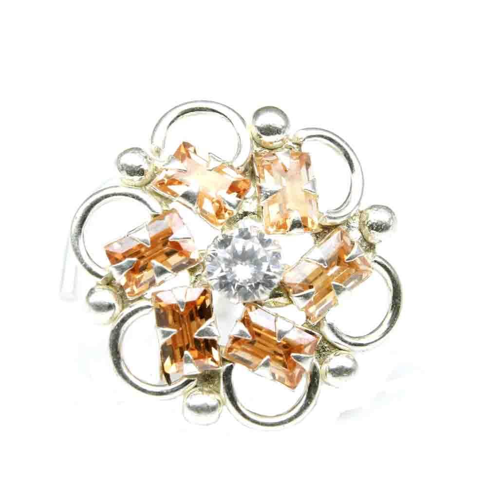 925 Sterling Silver Floral Nath with orange stones 