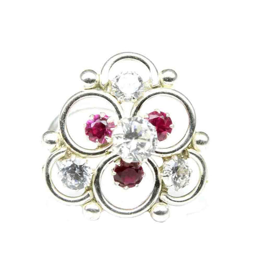 Real Silver Nose Ring with White and pink Shiny Stones for women