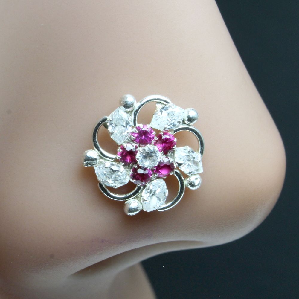 Real Silver Nose Ring with pink and white Shiny Stones for women