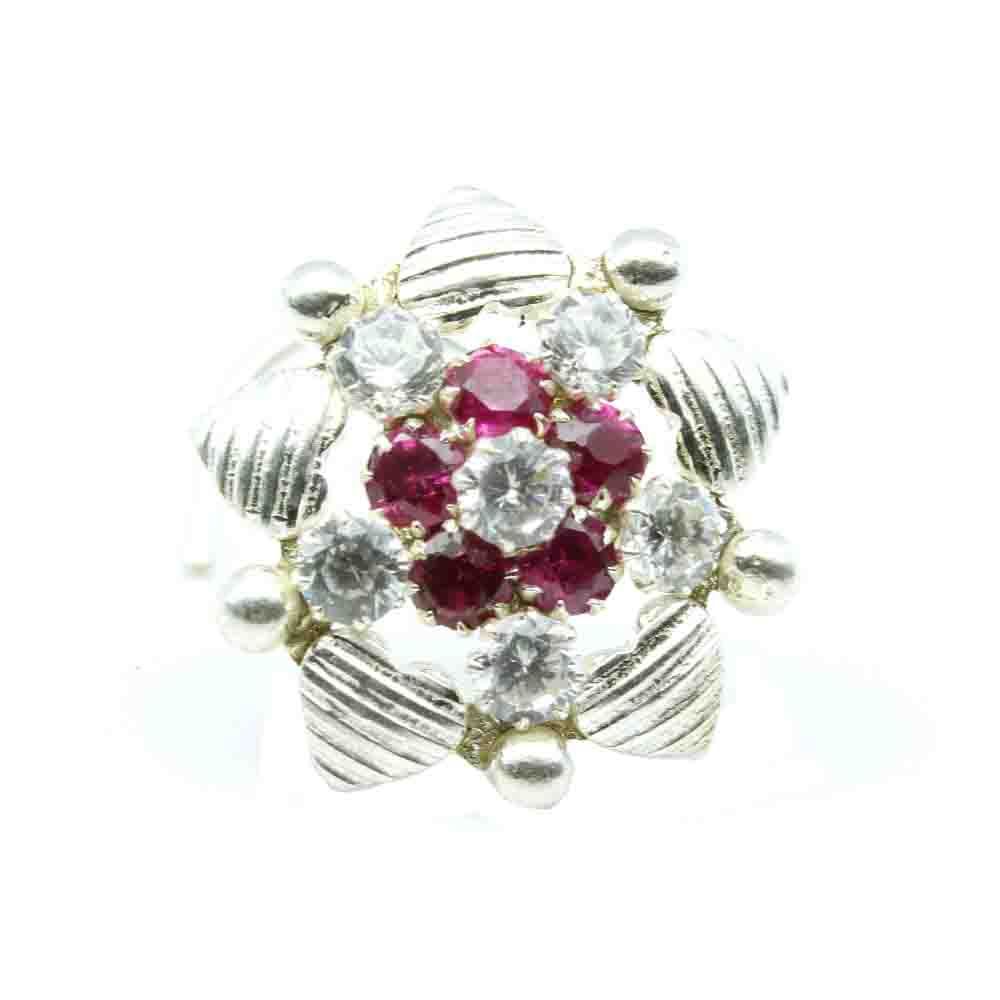 925 Sterling Silver Floral Nath with pink stones