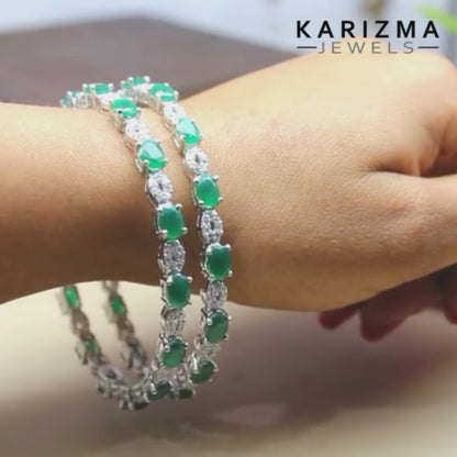 Cute Real 925 Silver Green White CZ Indian Style Women Bangles Bracelet - 6.3 CM