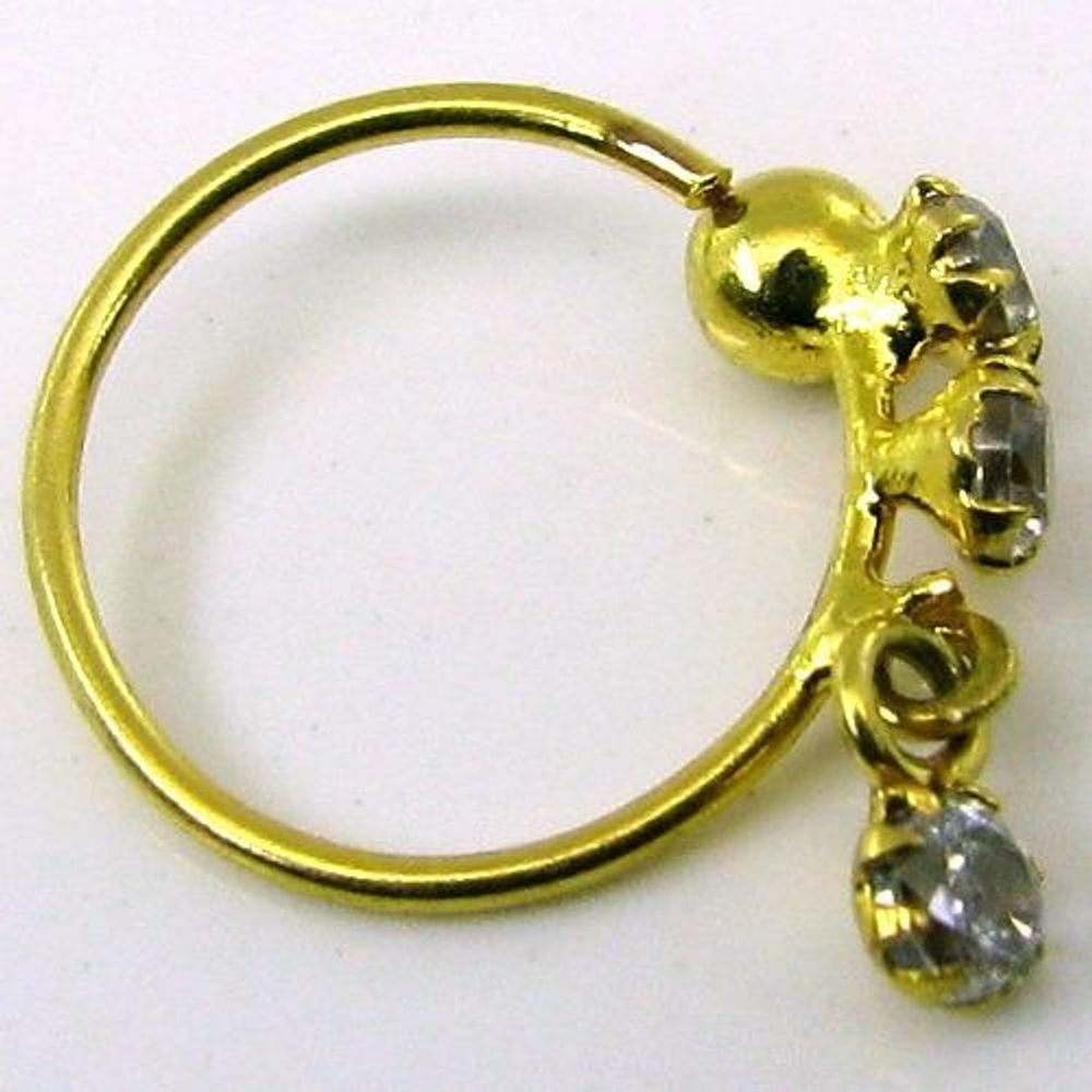 Dangle CZ Studded Nose Hoop Ring 14k Solid Yellow Gold