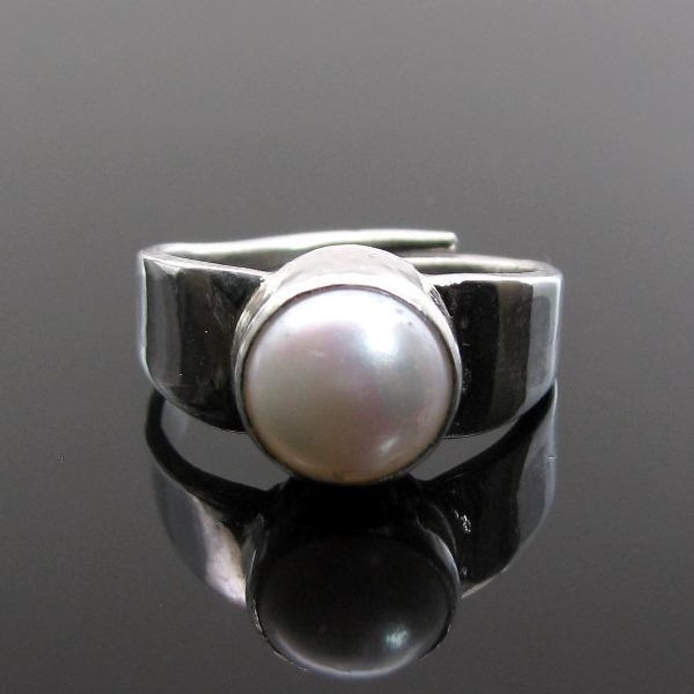 Silver Ring Real Pearl (Moti) Birthstone Ratan