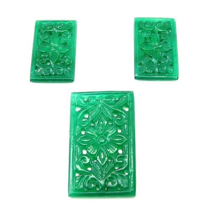 Green-Onyx-Matched-3pc-Set-Stone-Carving-Mughal-style-Flower-Hand-Carved---ET