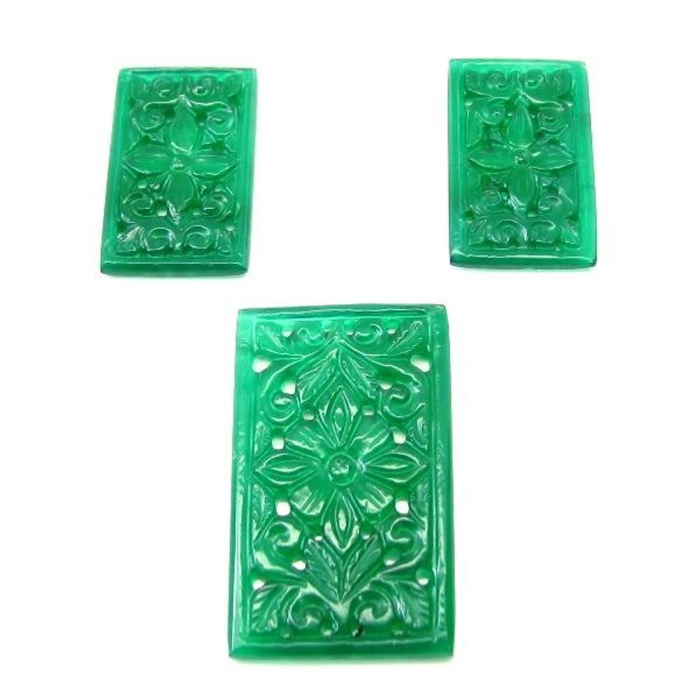 Green Onyx Matched 3pc Set Stone Carving Mughal style Flower Hand Carved - ET