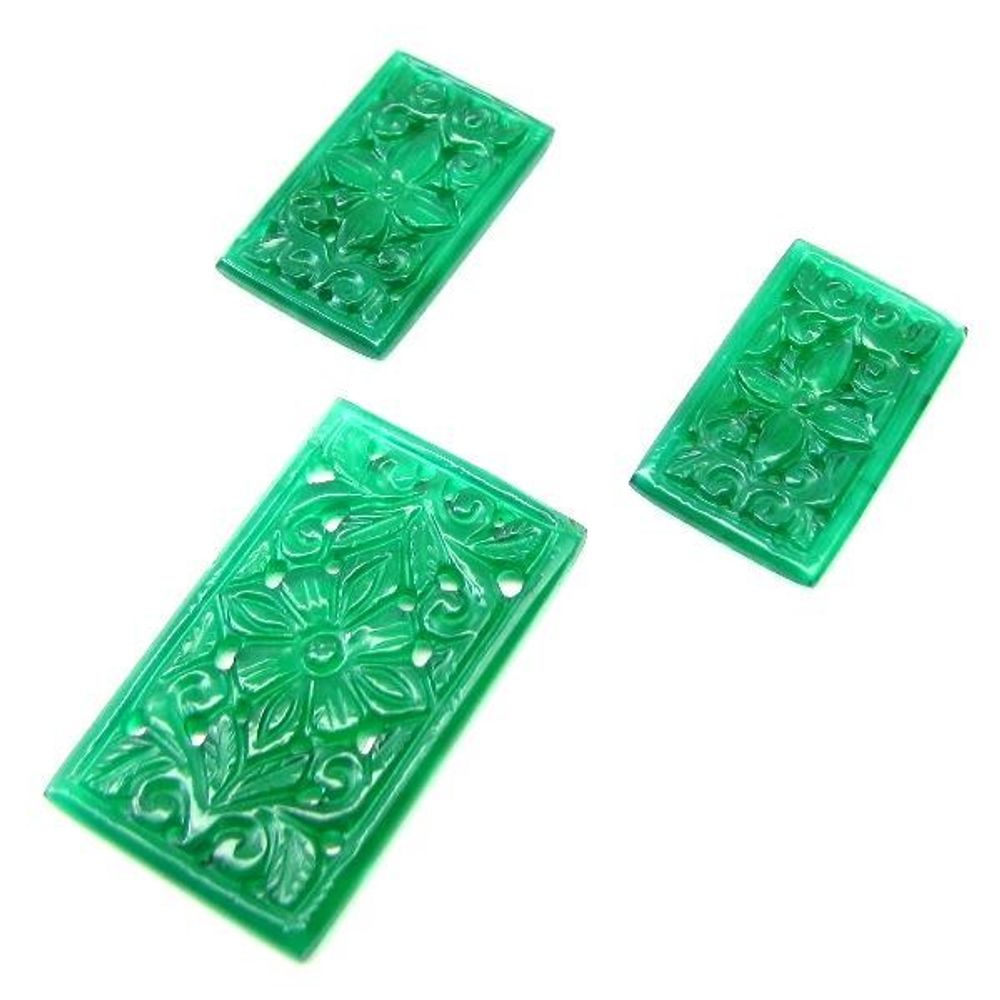 Green Onyx Matched 3pc Set Stone Carving Mughal style Flower Hand Carved - ET