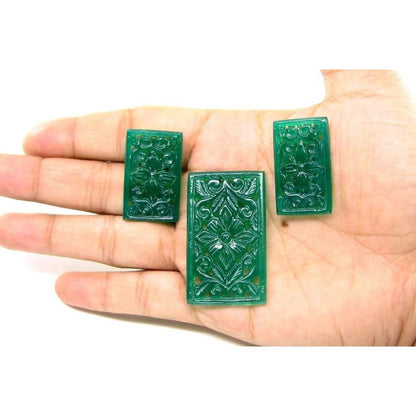 Green Onyx Matched 3pc Set Stone Carving Mughal style Flower Hand Carved - ET