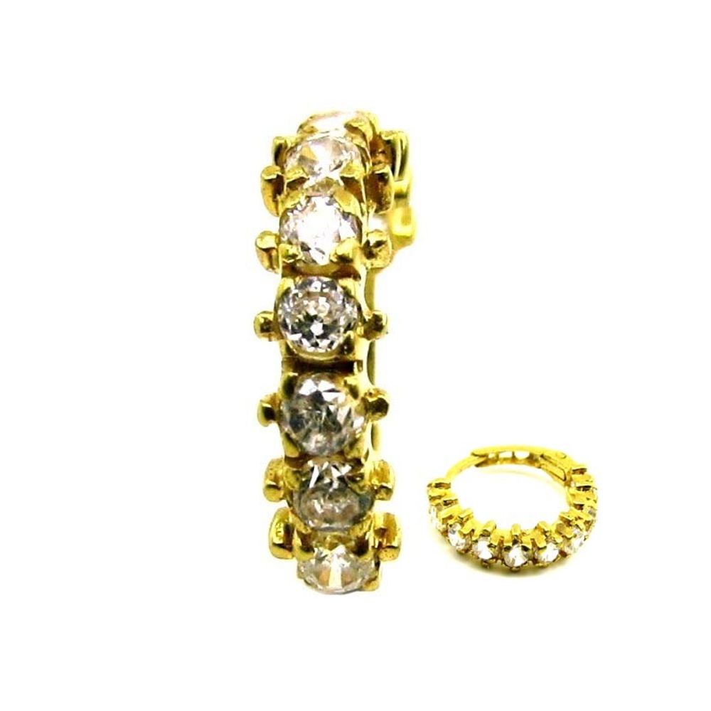 Style CZ Studded Nose hinged Hoop Ring 14k Solid Real Gold Jewelry 22g