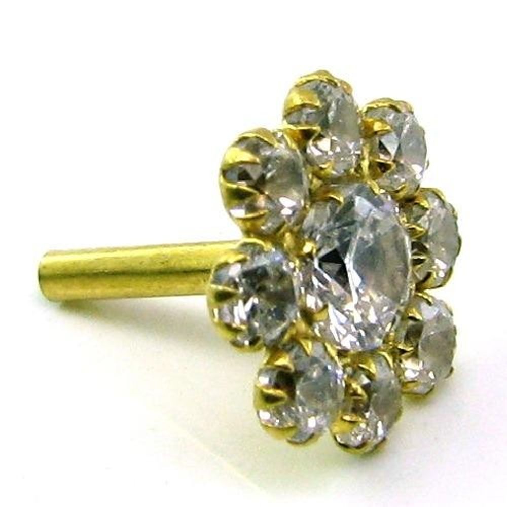 Style CZ Studded Body Piercing Jewelry Nose Stud Pin Solid Real 14k Yellow Gold