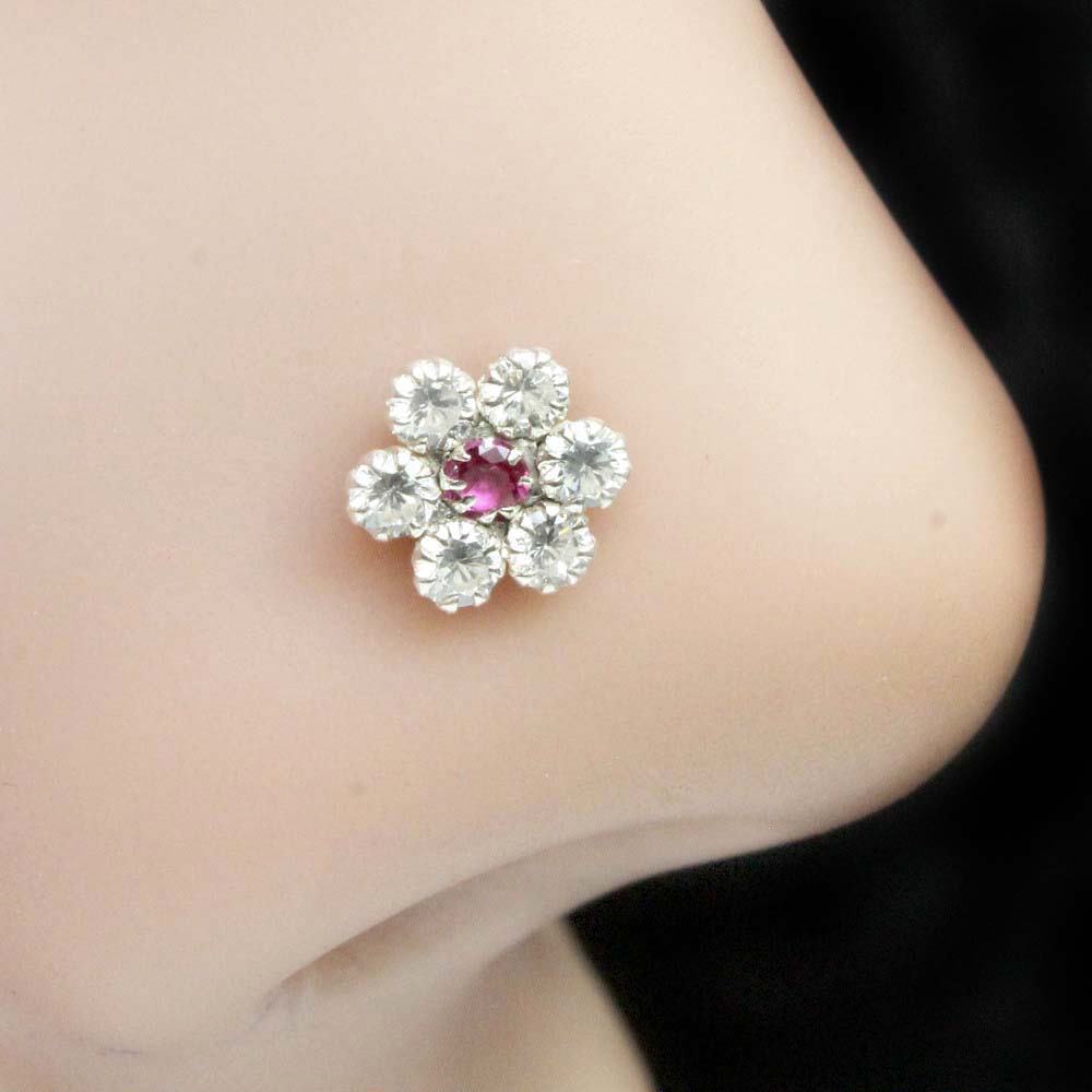 Ethnic 925 Sterling Silver Pink White and pink stone in Indian Nose ring 