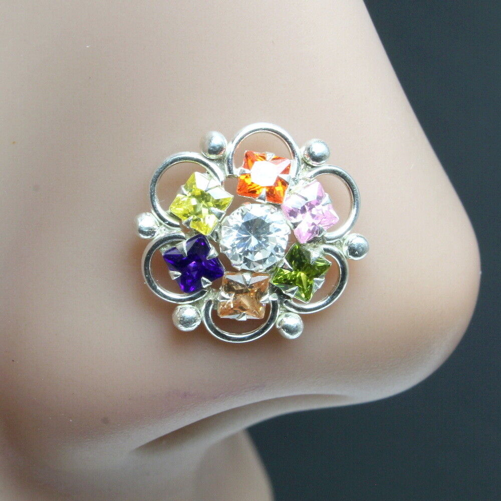 Women Silver Nose Pin With Multiple-color stones