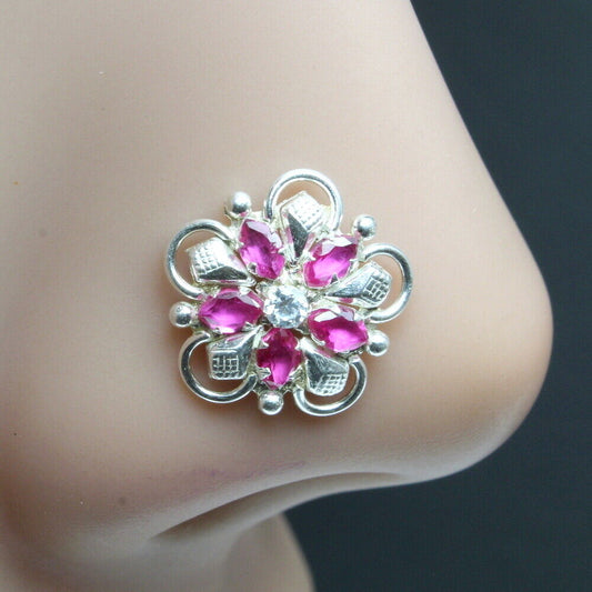 Big 925 Sterling Silver Pink White CZ Studded Indian Nose ring