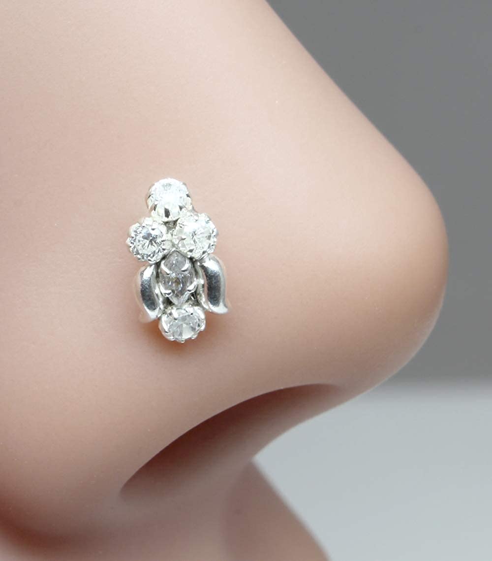 Ethnic Indian 925 Sterling Silver White CZ Indian Nose pin