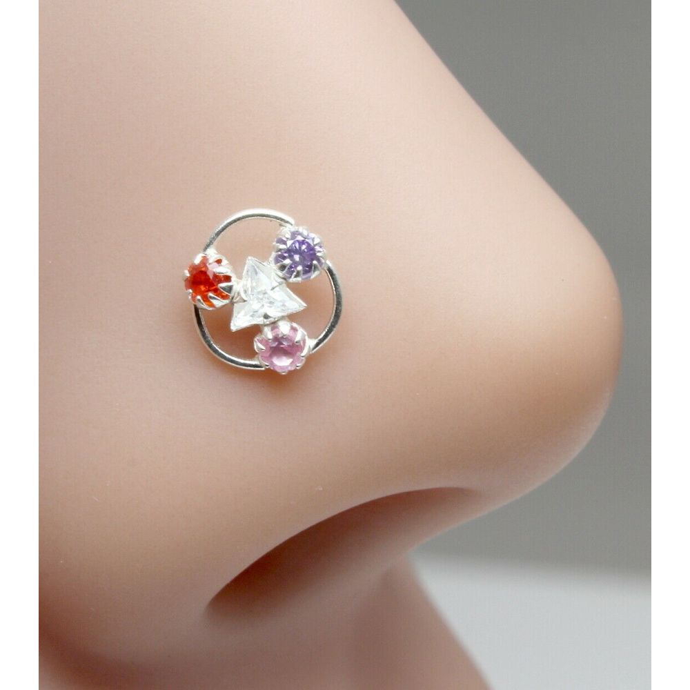 Women Silver Nose Pin With Multiple-color stones