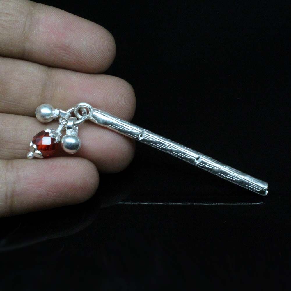 Silver Flute Basuri with Silver Ghungroo for Lord Krishna, Janmashthami Pooja