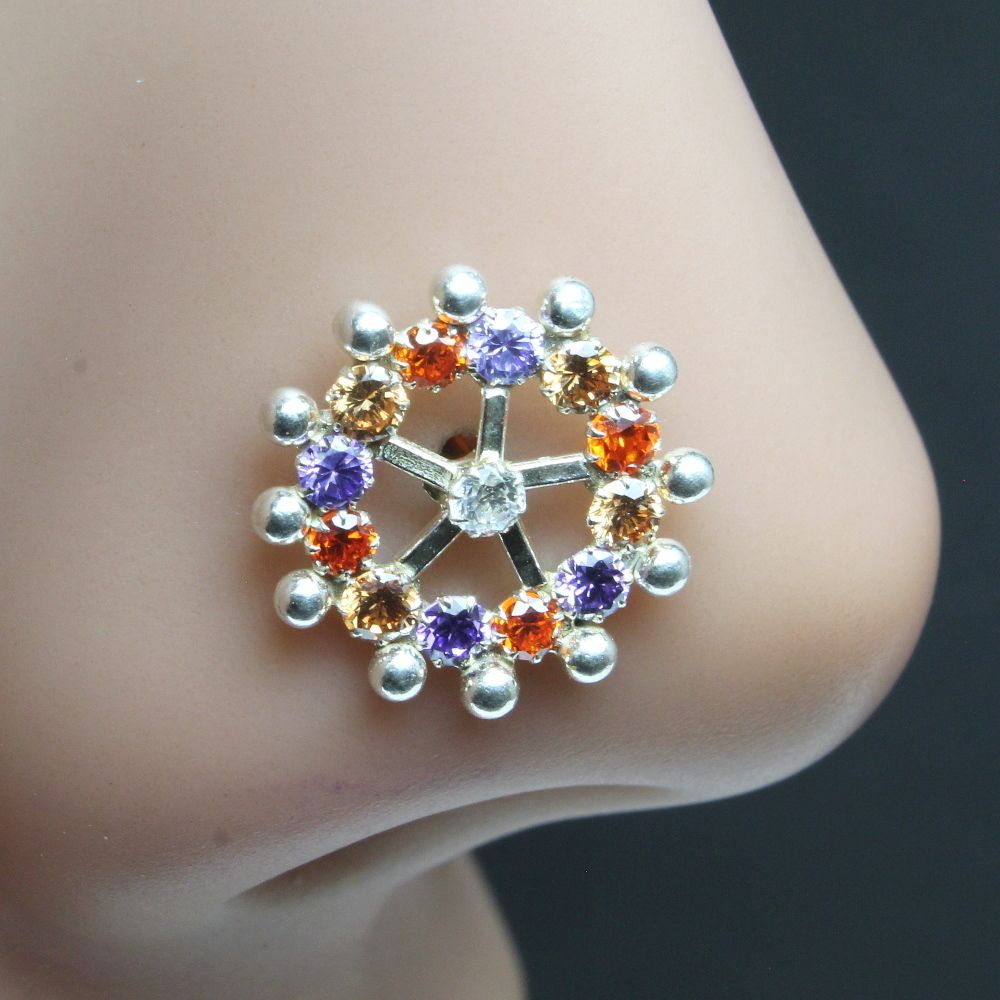 Wheel  925 Sterling Silver Multi-color CZ Nose ring Push Pin