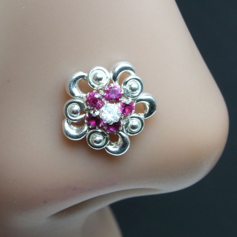 Real Silver Nose Ring with white and pink Shiny Stones for women