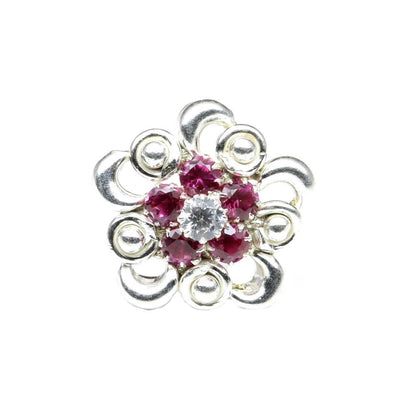 925 Sterling Silver Floral Nath with one white and pink stones 