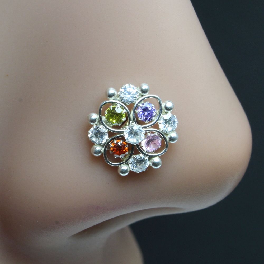 Real Silver Nose Ring with Multiple Shiny Stones for women