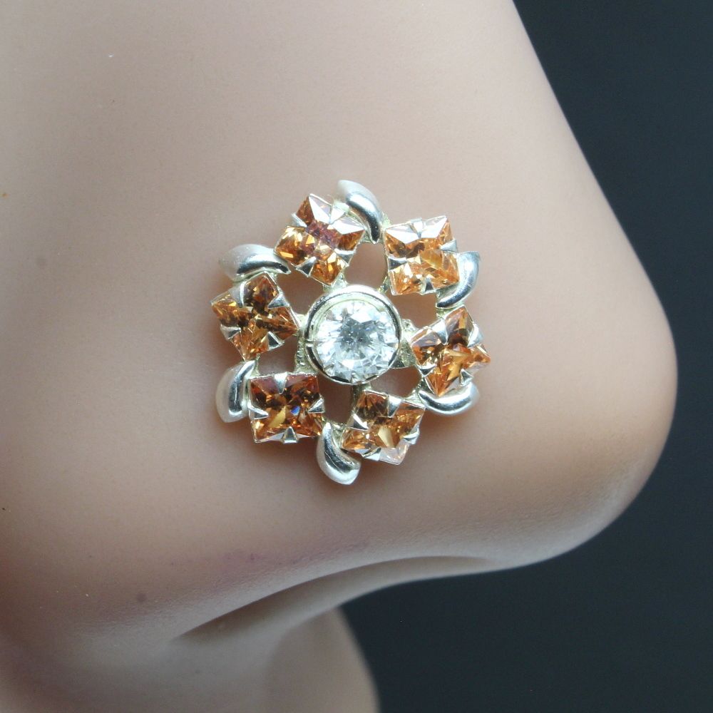 Marigold  Sterling Silver Brown White CZ Studded Nose ring Push Pin