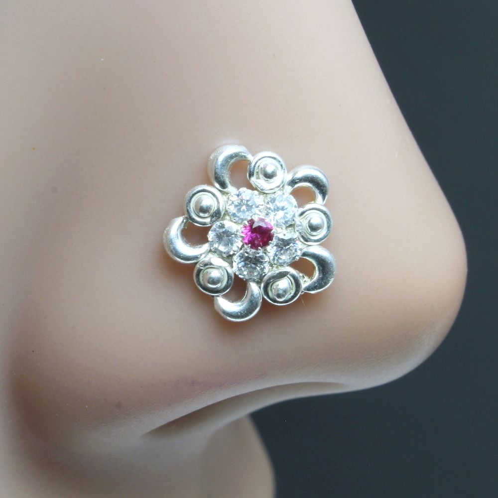 925 Sterling Silver Floral Nath with one pink and white stones 