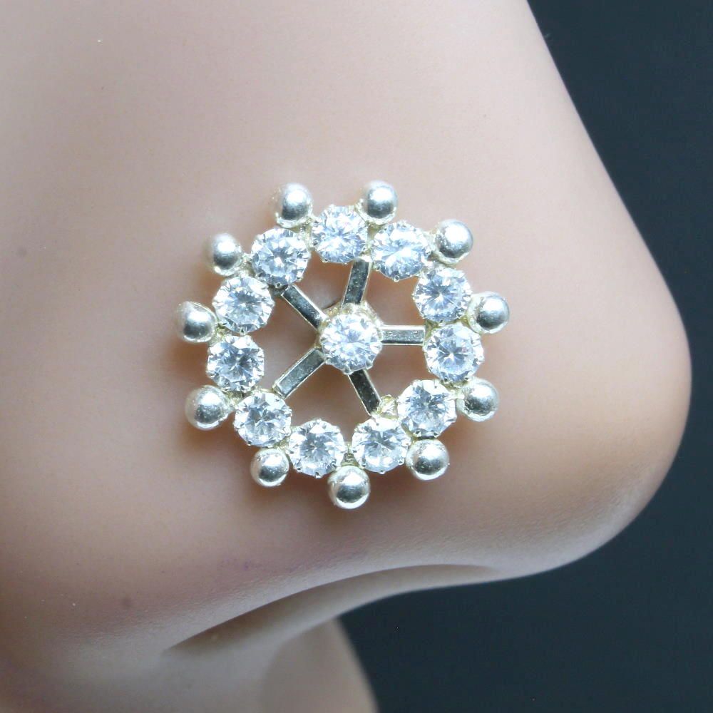 Wheel  925 Sterling Silver White CZ Studded Nose ring Push Pin