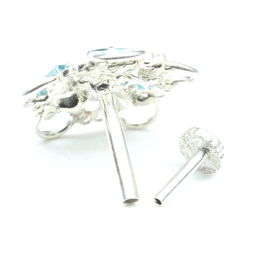 925 Sterling Silver Blue White CZ Studded Nose ring Push Pin