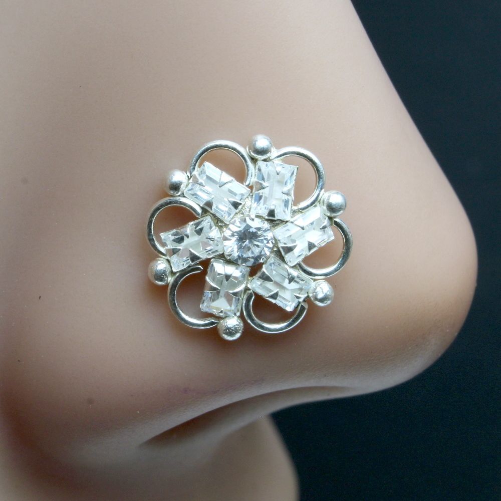 925 Sterling Silver Floral Nose Pin with white stones 