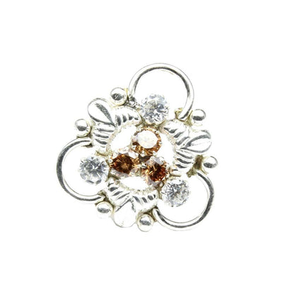 Ethnic  Sterling Silver Brown White CZ Studded Nose ring Push Pin