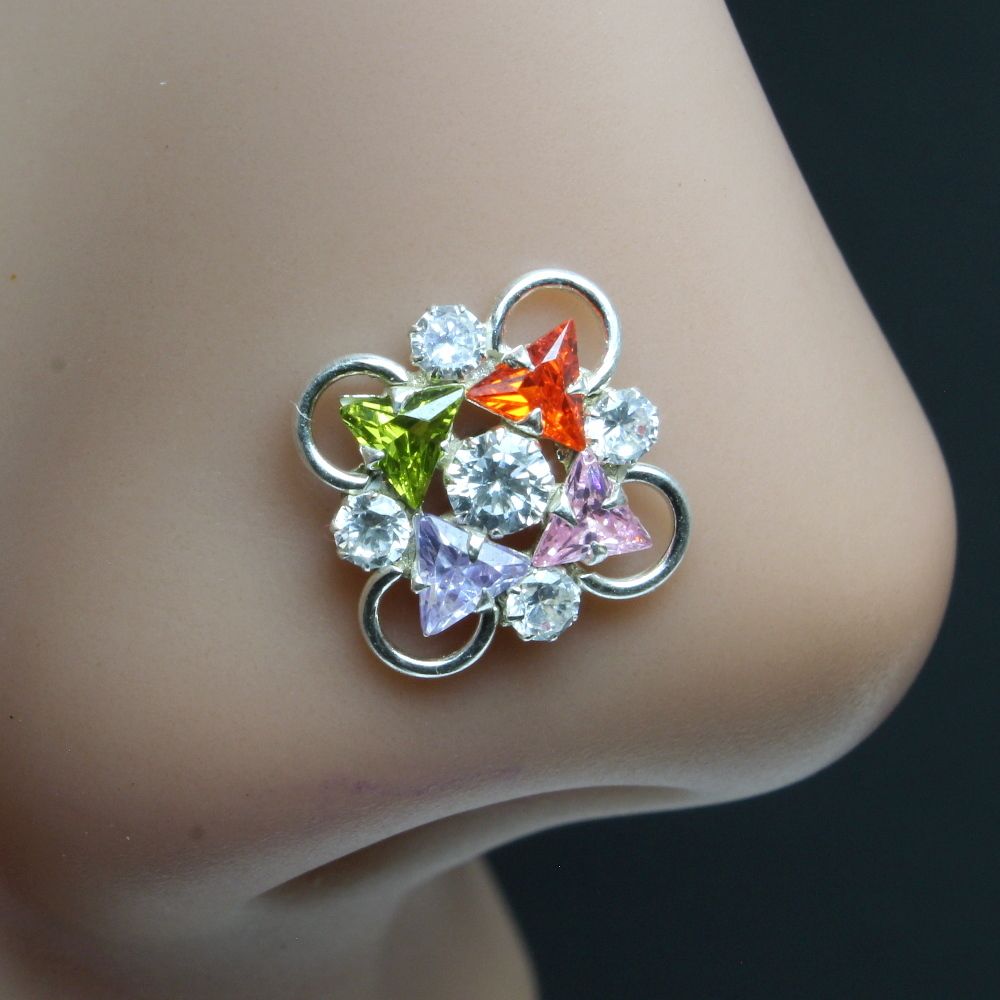 Women Silver Nose Pin With Multiple-color stones