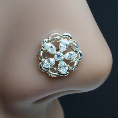 Flower  925 Sterling Silver White CZ Studded Nose ring Push Pin