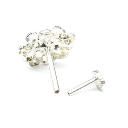 Flower  925 Sterling Silver White CZ Studded Nose ring Push Pin