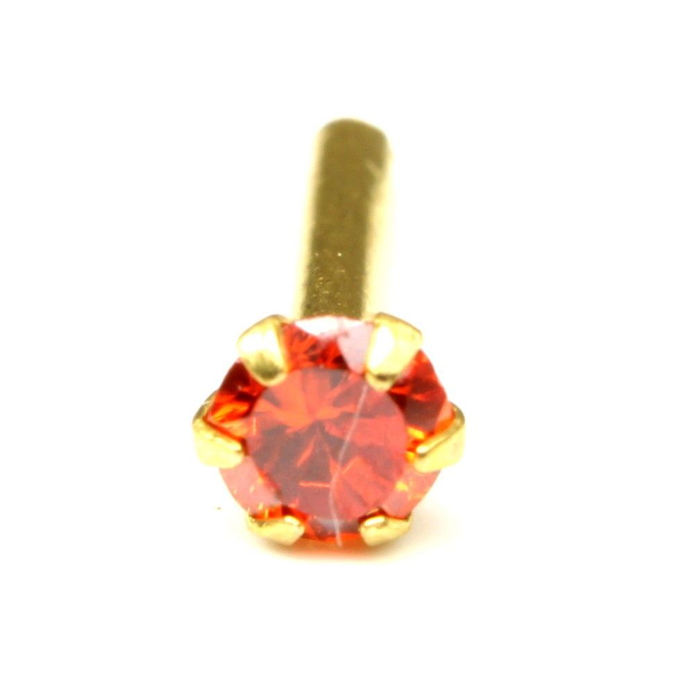 Real Gold Nose stud Orange CZ 14K Ethnic piercing nose ring Push pin