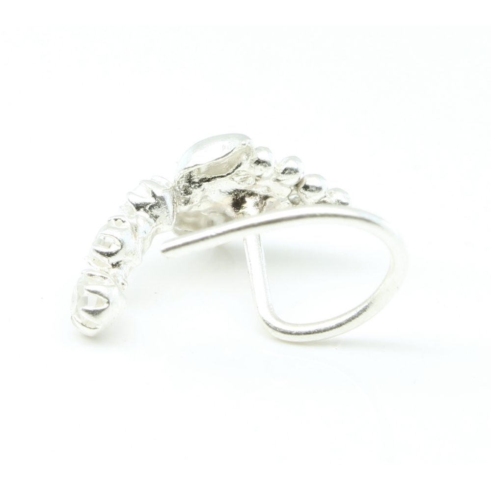 Ethnic  925 Sterling Silver White CZ Studded Corkscrew nose ring 22g