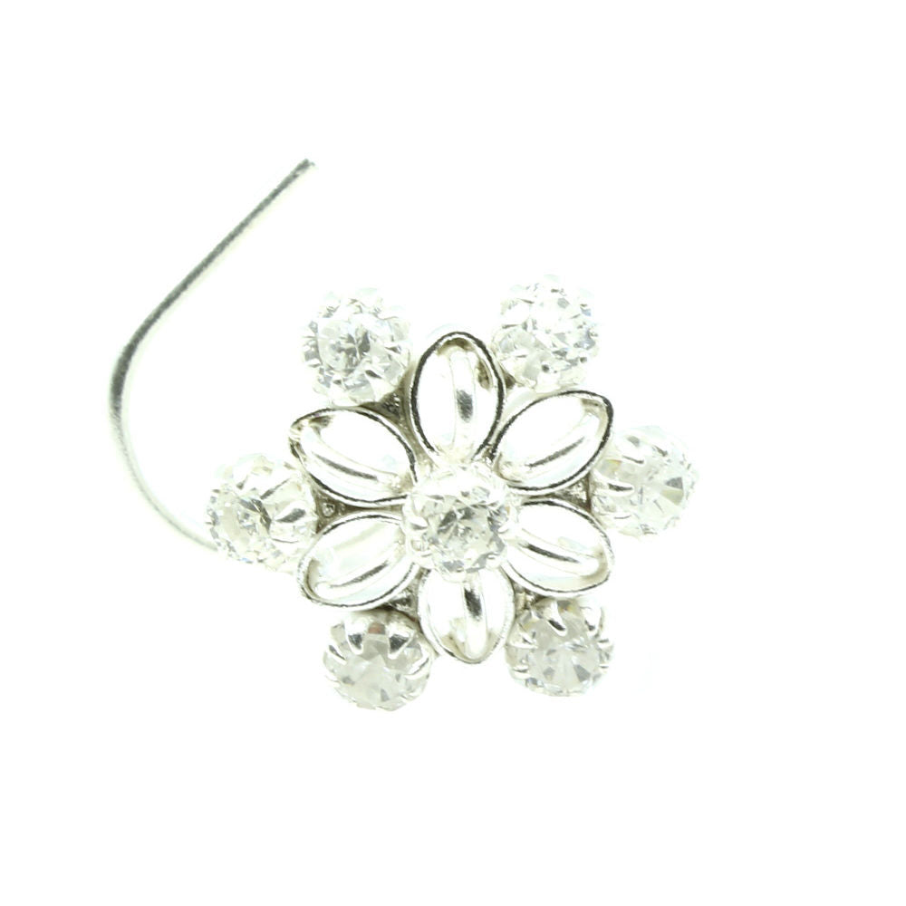 925 Sterling Silver Floral Nath with white stones 