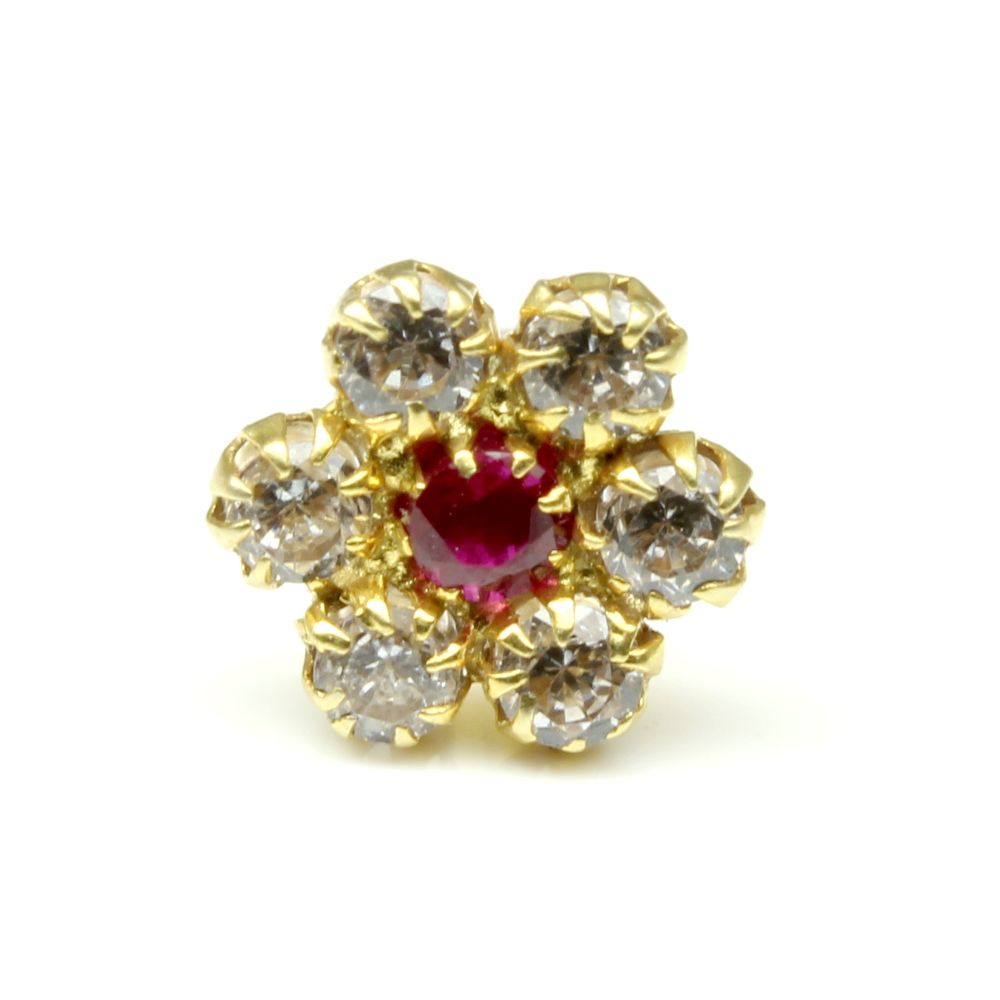  14K Gold Pink White CZ Real Gold Nose Stud 