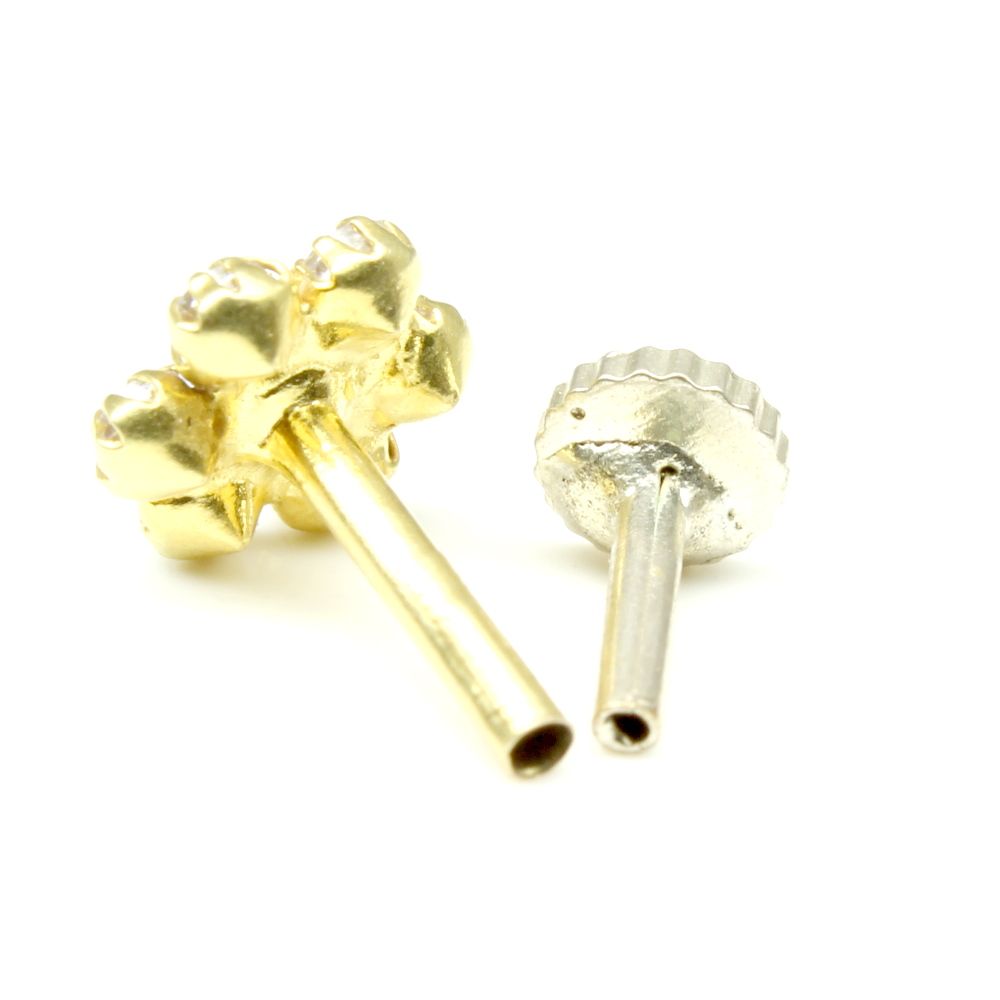  14K Gold Pink White CZ Piercing Nath with Push Pin Nose stud 18g