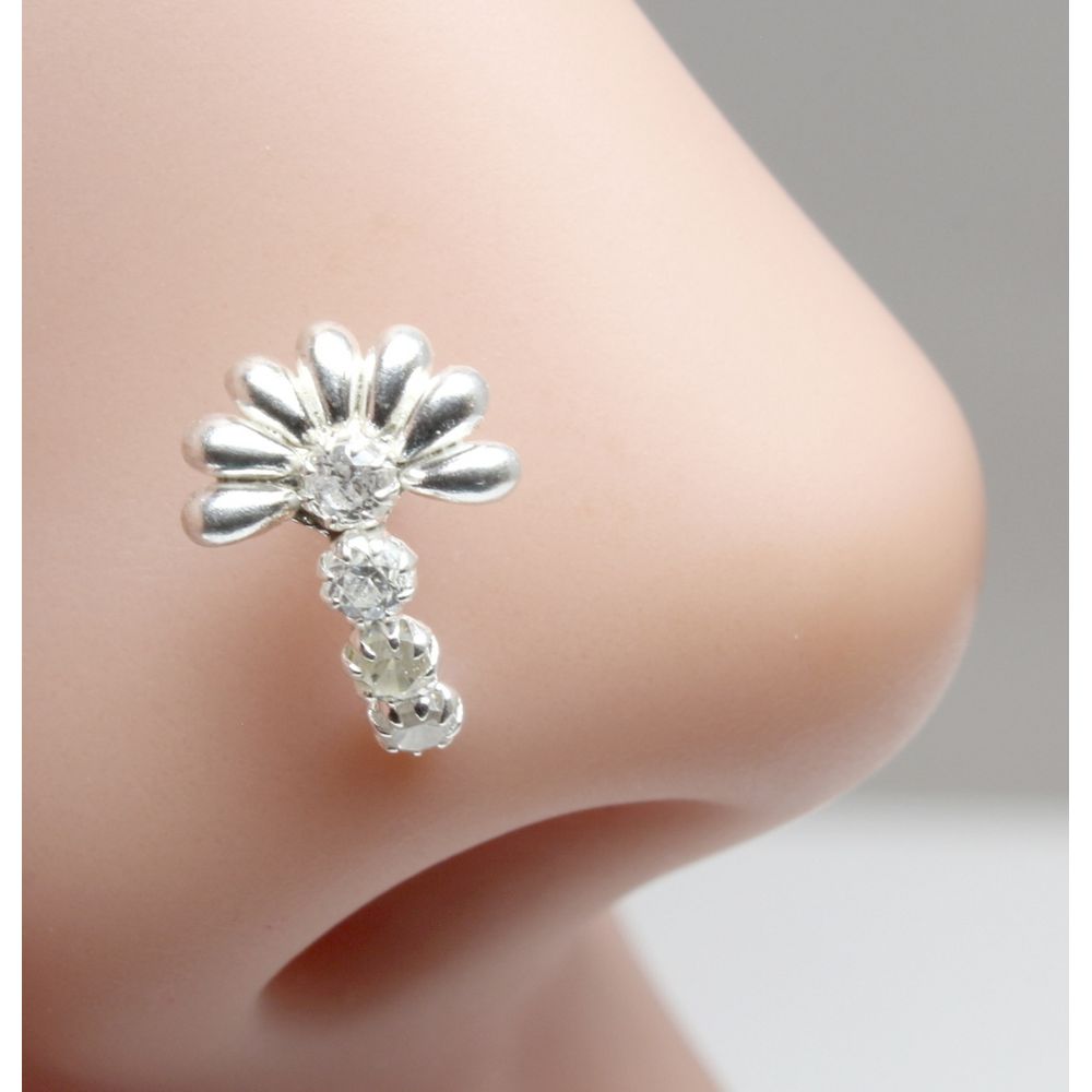 Real Silver Nose Ring with White Shiny Stones for women