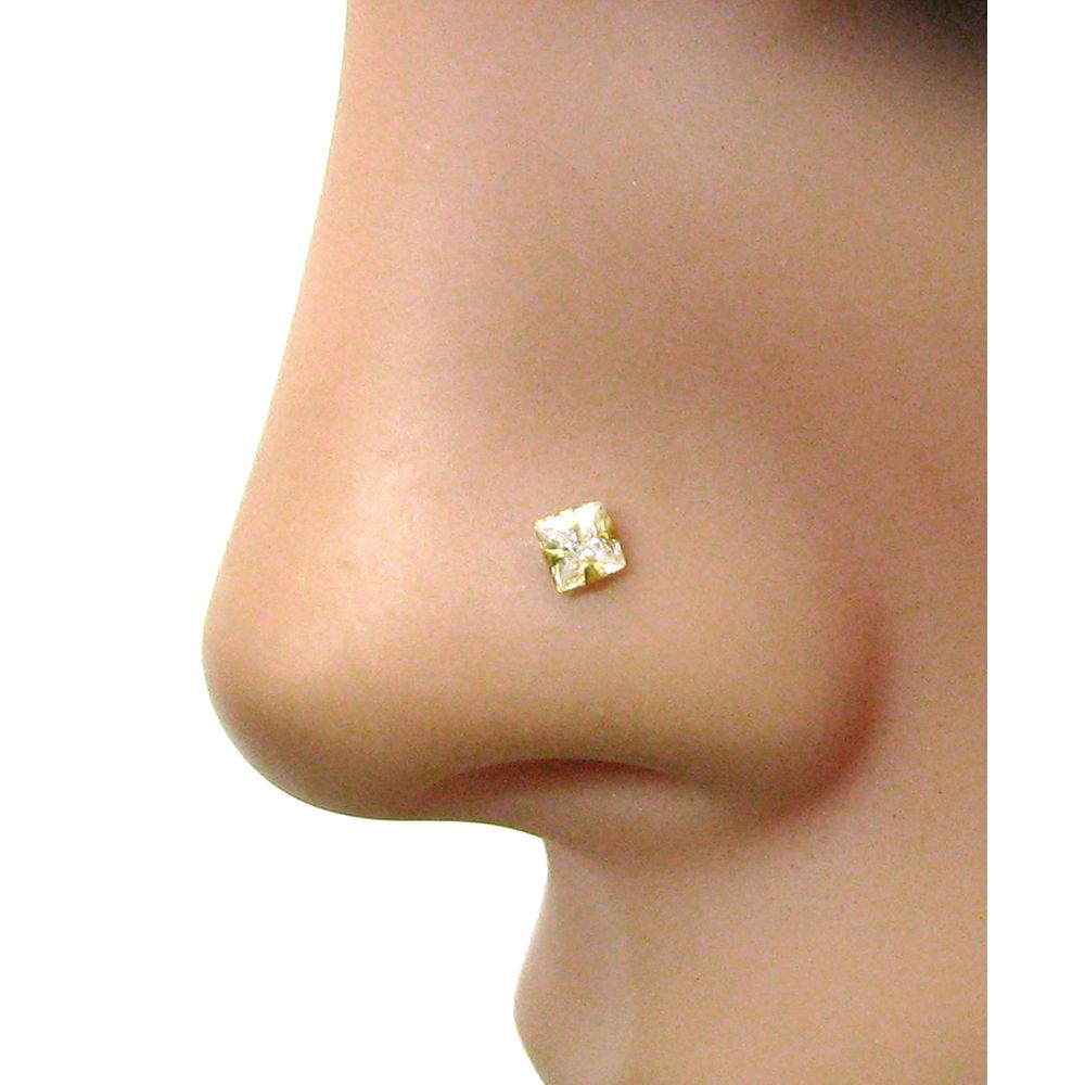 Solid 14k Yellow Gold Nose Pin with Single White Stone