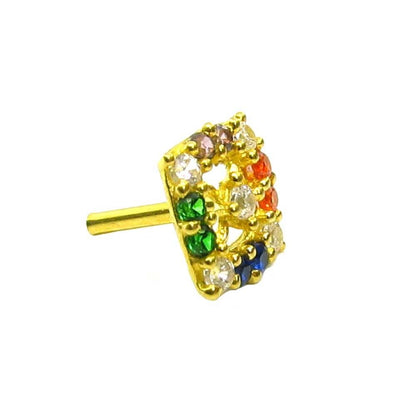 Fascinating Solid Casting Multicolor CZ Piercing Nose stud Pin 14k Yellow Gold