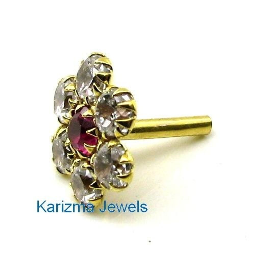 Style Floral CZ Studded Body Piercing Jewelry Nose Stud Pin Solid Real 14k Yellow Gold