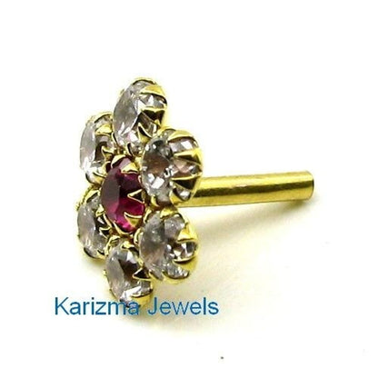 Style Floral CZ Studded Body Piercing Jewelry Nose Stud Pin Solid Real 14k Yellow Gold