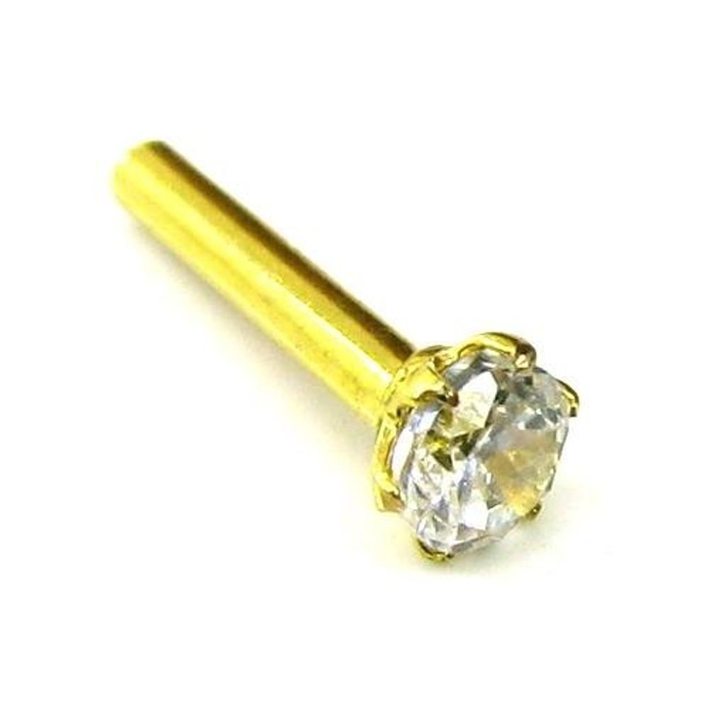 Style Single Stone CZ Studded Body Piercing Jewelry Nose Stud Pin Solid Real 14k Yellow Gold