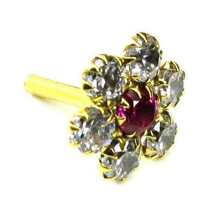 Style Floral CZ Studded Body Piercing Jewelry Nose Stud Pin Solid Real 14k Yellow Gold